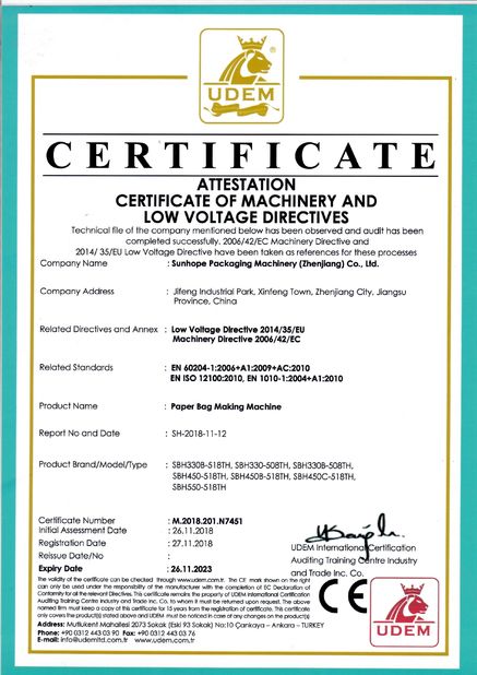 Chine Sunhope Packaging Machinery (Zhenjiang) Co., Ltd. certifications